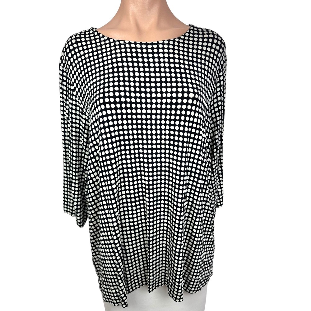 Grace The Perfect Fit Size 1X Pullover Blouse Top Black w White Dots 3/4 Sleeve